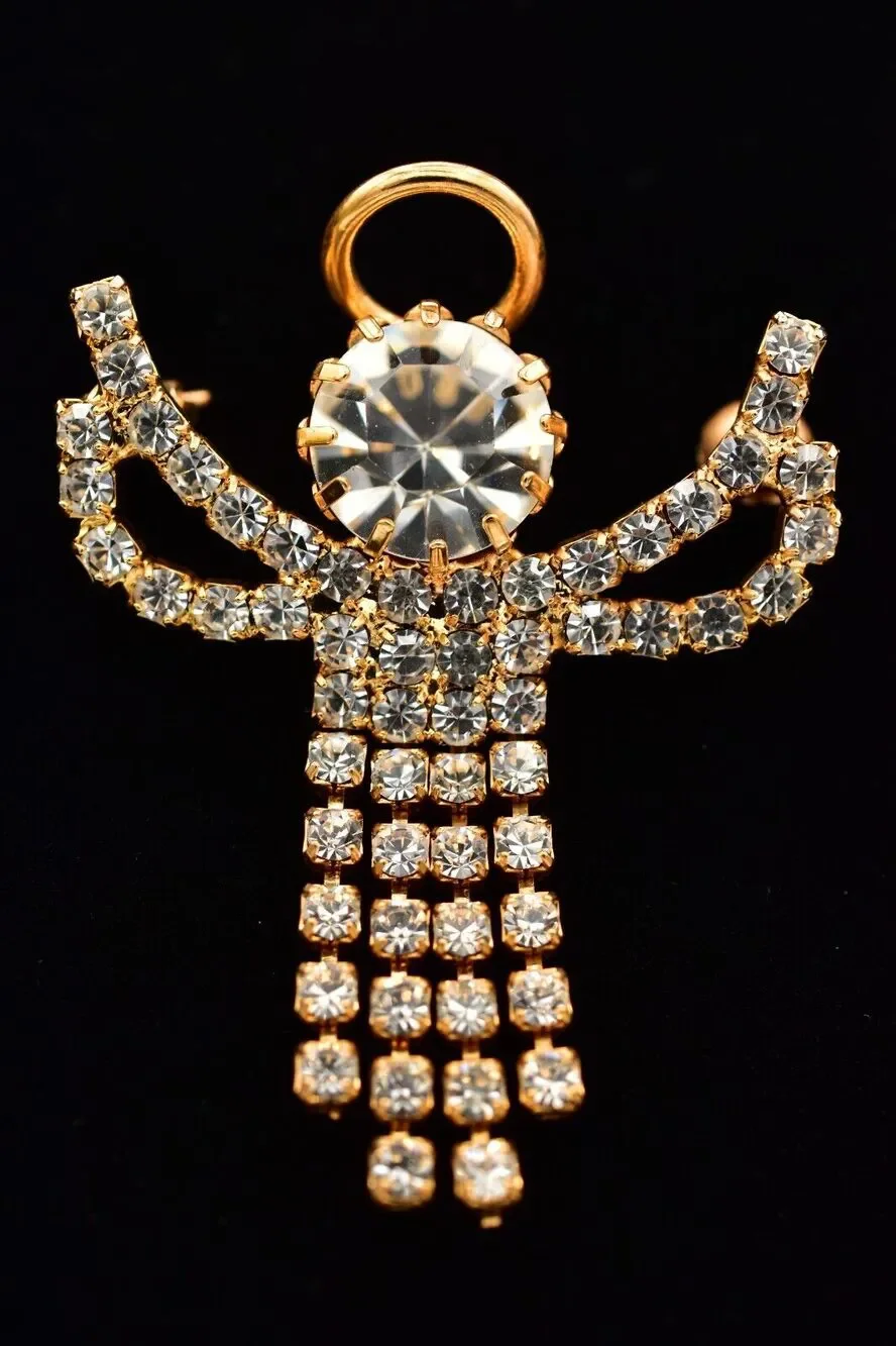 Vintage Crystal Angel Pin Brooch Prong Rhinestone Halo Gold Tone Fringe BinAL